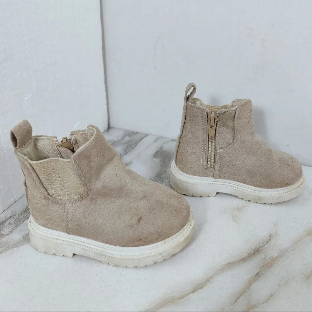 First Steps Baby Infant Tan Faux Suede Slip On Chelsea Ankle Boots, Sz 4